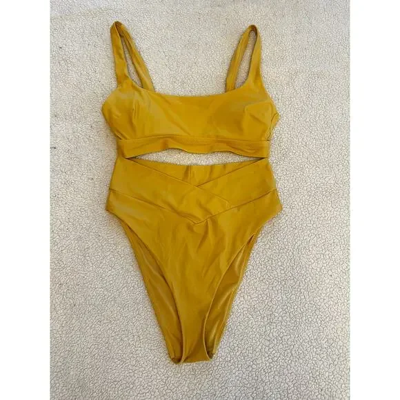 Aerie Mustard Yellow Bikini Set S Top M Bottom High Waisted Cheeky - Picture 1 of 10